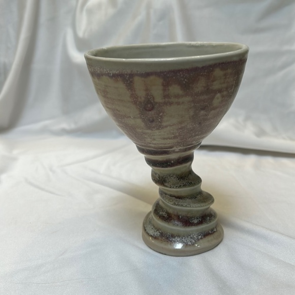Pottery Twisted Stemmed Goblet Handmade Signed